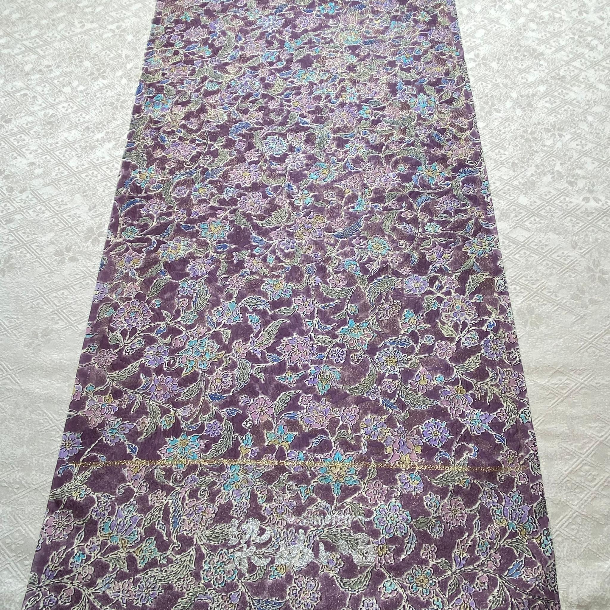 《未仕立て》手染め摺型友禅金糸帯 全通京更紗柄【草花】紫 | 3枚目